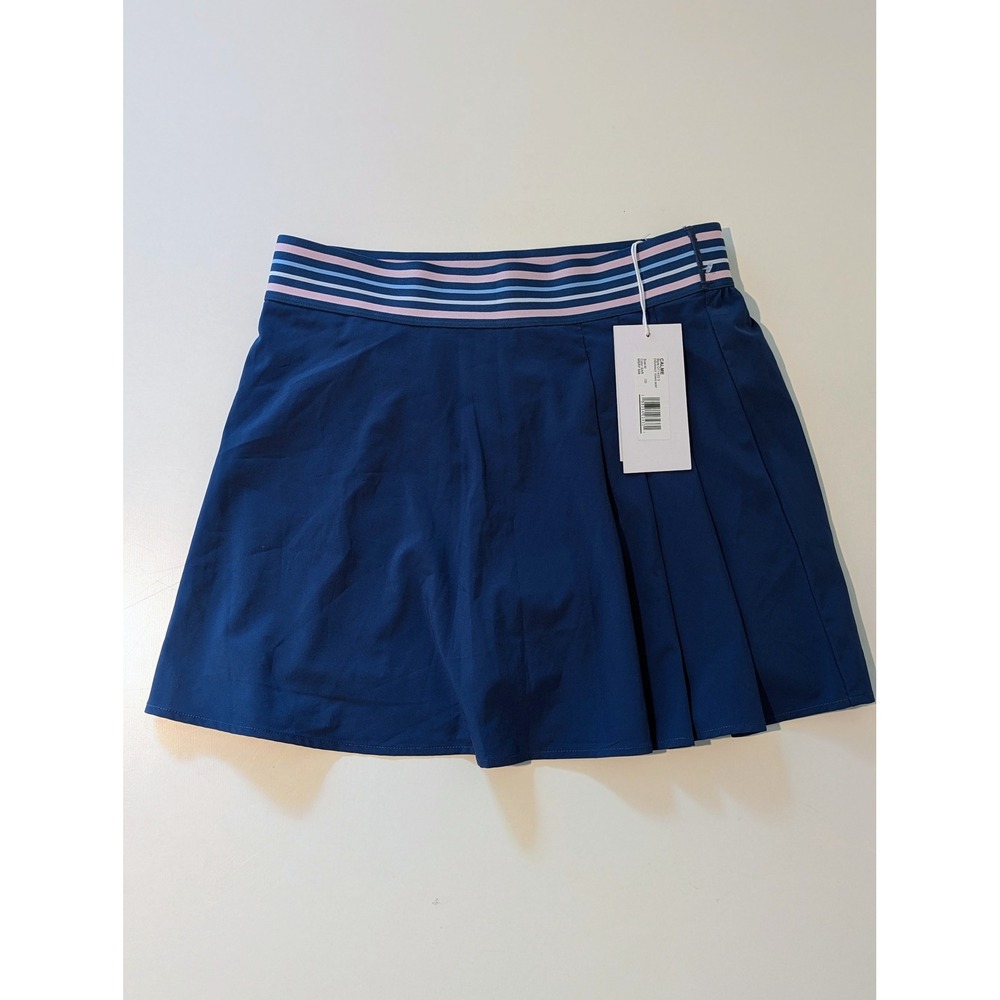 NWT CALME by Johnny Was Navy Pleated Tennis Skirt Striped Waistband Medium
